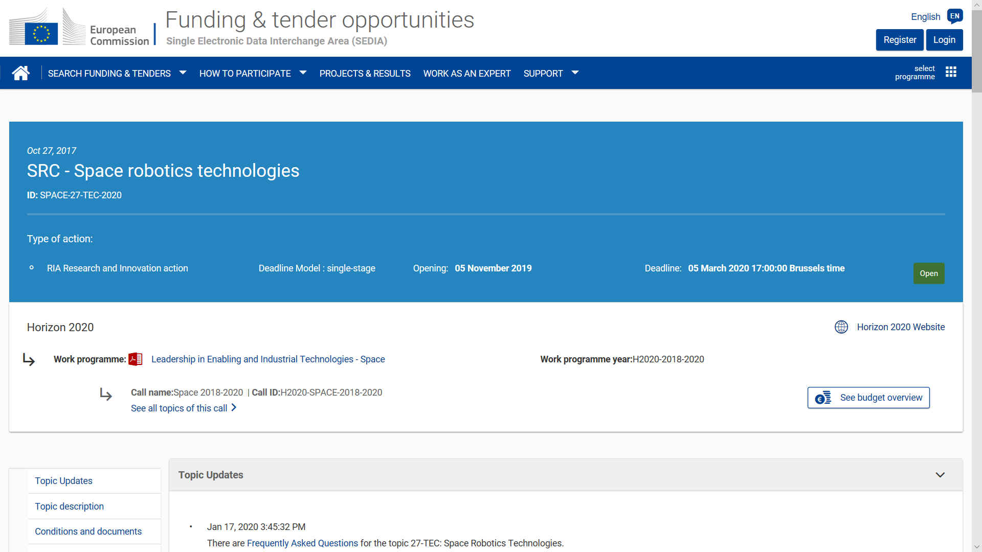 SPACE-27-TEC-2020 RESEARCH CLUSTER EU FUNDING CALL FOR PROPOSALS